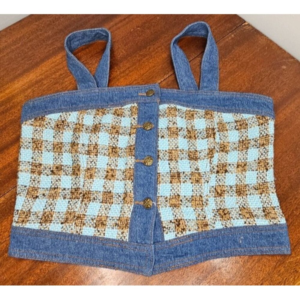 CIDER Tweed Denim Crop Top NWT Size L Adjustable Straps